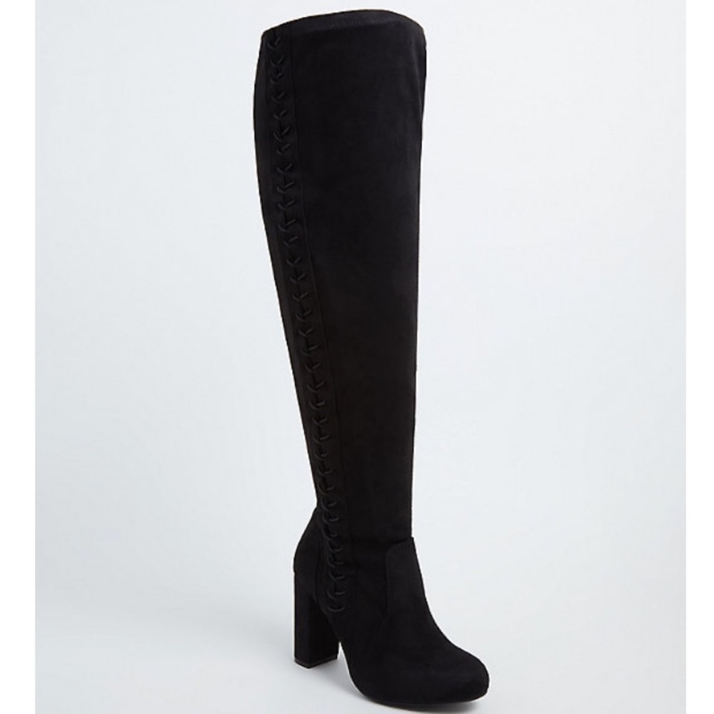 BLACK FAUX SUEDE STRETCH CORSET OVER-THE-KNEE BOOT